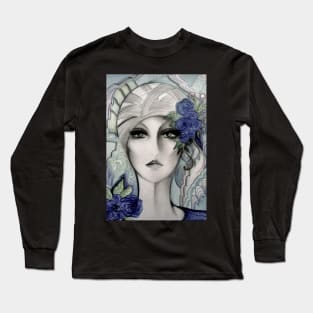 PALE BLUE GREY 70S GIRL IN TURBAN DRAWING Long Sleeve T-Shirt